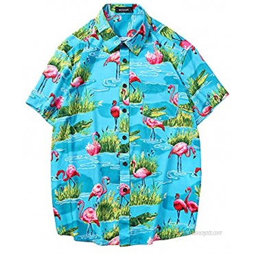 MCEDAR Men's Hawaiian Short Sleeve Shirt Suits Aloha Flower Print Suits Casual Button Down Standard Fit Beach Shirts Suits