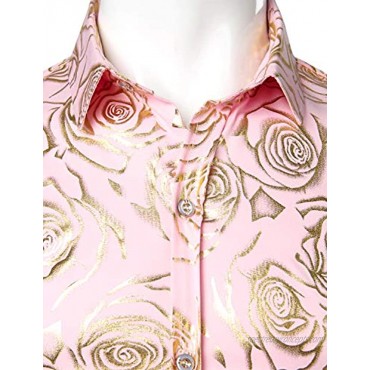 ZEROYAA Men's Nightclub Rose Gold Shiny Flowered Printed Slim Fit Button Down Dress Shirts for Party