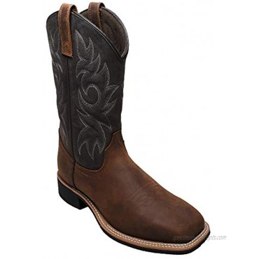 Ad Tec Mens Western Cowboy Boots Brown Crazy Horse Leather Row Welt Stitching Wood Effect Heel with Cushioned Insole and Oil Resistant Outsole