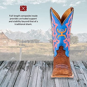 Twisted X Men’s 12″ WS Toe Hooey Boot Western Pull-on Boots Cognac Bull Hide & Neon Blue 10 2E