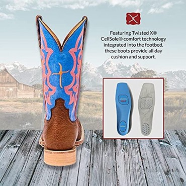 Twisted X Men’s 12″ WS Toe Hooey Boot Western Pull-on Boots Cognac Bull Hide & Neon Blue 10 2E