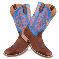 Twisted X Men’s 12″ WS Toe Hooey Boot Western Pull-on Boots Cognac Bull Hide & Neon Blue 12 2E