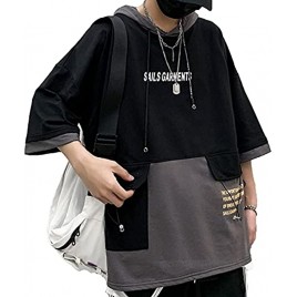 XYXIONGMAO Hooded T-Shirt Loose Large Pockets Colorblock Hoodie Unisex Streetwear Techwear Tee Shirts for Men