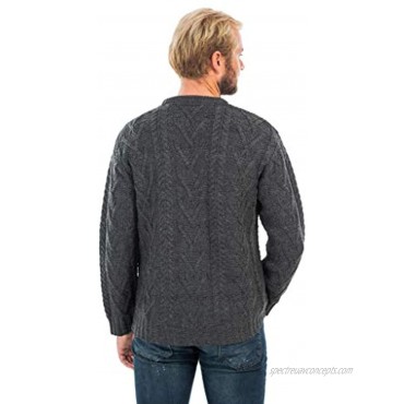 SAOL 100% Merino Wool Men's Irish Traditional Aran Crew Neck Cable Knit Sweater Pullover
