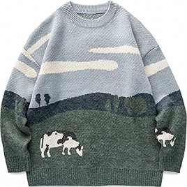Vamtac Mens Grassland Cow Vintage Oversize Knitted Sweater Long Sleeve Round Neck Knitted Pullover Jumper