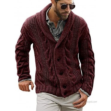 Hestenve Mens Stylish Cable Knitted Button Cardigan Sweater Chunky Shawl Collar Sweaters