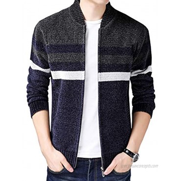 HOW'ON Men's Casual Wide Stripes Zipper Knitted Cardigan Sweater