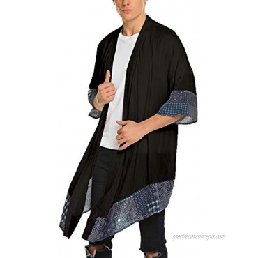 JINIDU Men's Kimono Cardigan Cotton Linen Shawl Collar Poncho Cloak Open Front Cape
