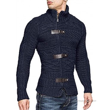 Karlywindow Mens Cable Knitted Cardigan Sweater Turtleneck Long Sleeve Slim Fit Winter Zipper Front Casual Pullover Sweaters