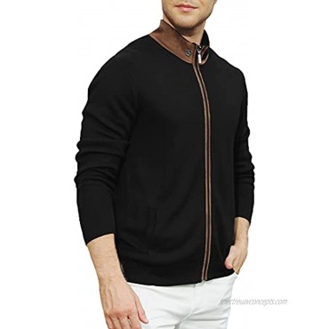 Men's Suede Patchwork Stand Collar Cardigan Full Zip Knitted Sweater Jacket