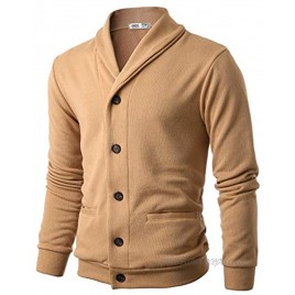 OHOO Mens Slim Fit Shawl Double Layers Collar High Closure Button Knit Cardigan with Two Pocket DCC065-CAMEL-XXL