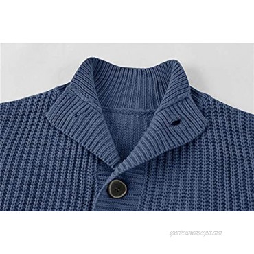 Pengfei Men's Stylish Stand Collar Cable Knitted Button Shawl Chunky Casual Cardigan Sweater Blue