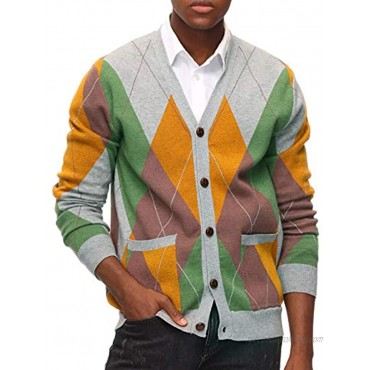 PJ PAUL JONES Mens V Neck Argyle Cardigan Sweater Contrast Knitwear with Pockets