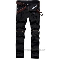 Leward Men's Ripped Skinny Distressed Destroyed Straight Fit Zipper Jeans with Holes