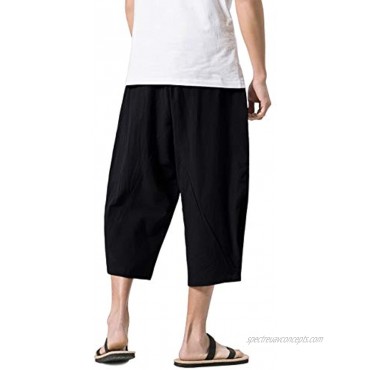 MAGNIVIT Men's Linen Cotton Capri Pants Loose Fit Elastic Waist Wide Leg Baggy Harem Pants