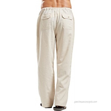 utcoco Men's Casual Relaxed Fit Linen Cotton Mid Waisted Drawstring Solid Loose Harem Beach Pants