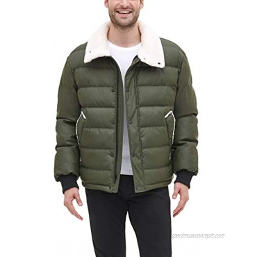 DKNY mens Faux Leather Sherpa Collar Ultra Loft Puffer Jacket