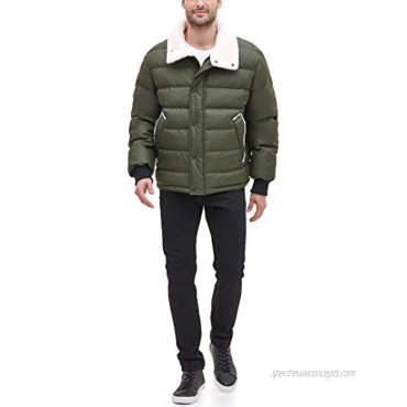 DKNY mens Faux Leather Sherpa Collar Ultra Loft Puffer Jacket