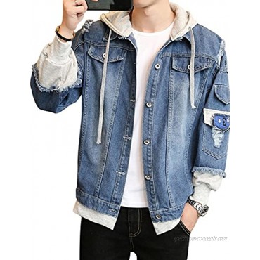 DORA BRIDAL Men's Denim Hooded Jacket Button Down Classy Hoodies Casual Fake Two Pieces Jeans Coats Outwear
