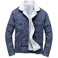 Lavnis Men's Denim Fleece Jacket Winter Button Down Fur Collar Jeans Coat