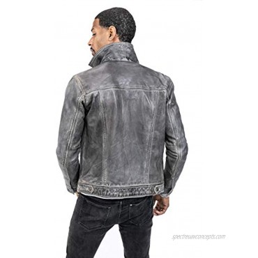 Men's Trucker Leather Jacket Shirt Hand Waxed Real Lambskin Dirty Vintage Denim Look