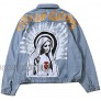 NAGRI Men's Denim Jackets Virgin Mary Trucker Jean Coat Hip Hop Lity of Gods Button Down Jean Jacket