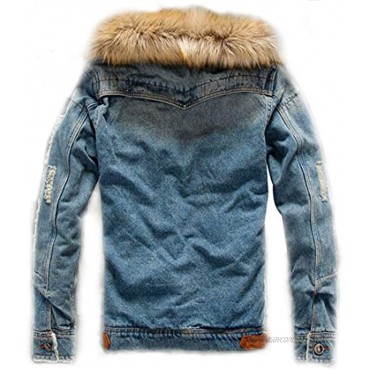 PUWEI Men's Distressed Fleece Lined Fuzzy Faux Fur Collar Denim Trucker Jacket