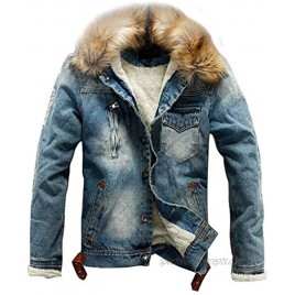 PUWEI Men's Distressed Fleece Lined Fuzzy Faux Fur Collar Denim Trucker Jacket