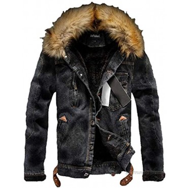 Tebreux Men's Denim Fleece Jacket Casual Faux Fur Collar Sherpa Jeans Coat Winter Trucker Jacket
