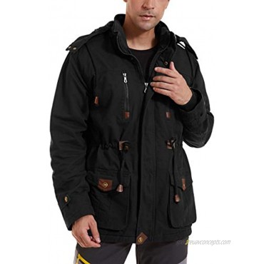 EKLENTSON Men's Winter Thermal Thicken Fleece Lined Cargo Jacket with Removable Hood