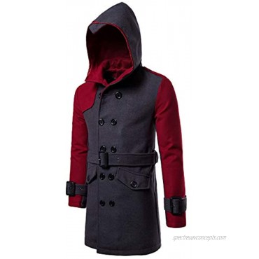 AOWOFS Men's Winter Mid Long Wool Blend Coat Double Breasted Warm Overcoat Stitching Color Trench Coat