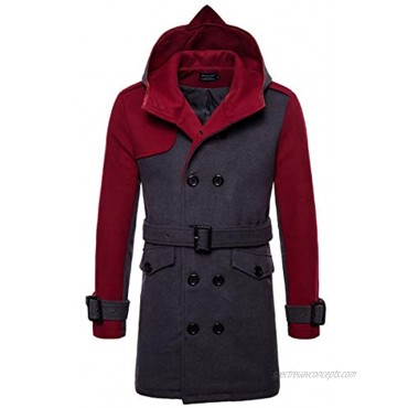 AOWOFS Men's Winter Mid Long Wool Blend Coat Double Breasted Warm Overcoat Stitching Color Trench Coat