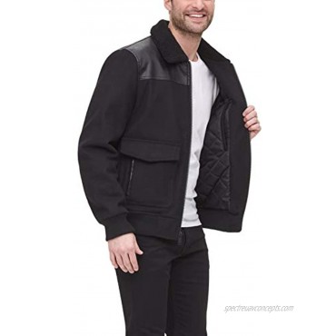 DKNY Men's Mixed Media Wool Bomber Jacket with Sherpa Collar