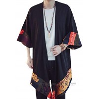 HZCX FASHION Men's Cotton Linen Long Kimono Jackets Open Front Cardigan Cloak