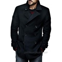 Makkrom Men Pea Coat Double Breasted Business Slim Fit Winter Half Trench Coat