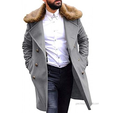 Mens Stylish Trench Coat Removable Faux Fur Collar Topscoat Double Breasted Winter Overcoat Warm Long Pea Coat