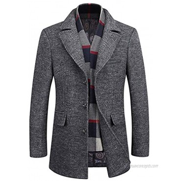 WULFUL Men’s Wool Trench Coat Winter Slim Fit Pea Coat with Free Removable Plaid Scarf