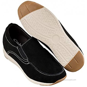 CALTO Men's Invisible Height Increasing Elevator Shoes Black Nubuck Leather Slip-on Casual Loafers 2.8 Inches Taller G4903
