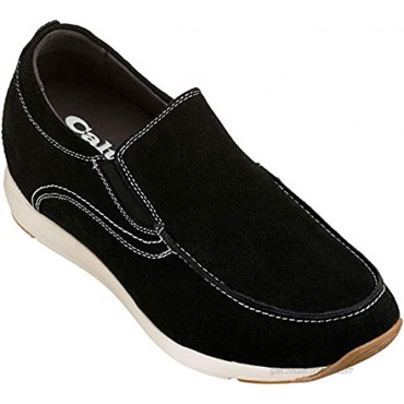 CALTO Men's Invisible Height Increasing Elevator Shoes Black Nubuck Leather Slip-on Casual Loafers 2.8 Inches Taller G4903