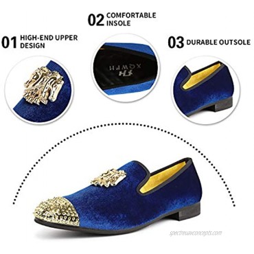 XQWFH Mens Velvet Loafers Shoes Spiked Dress Shoes with Gold Buckle for Wedding Party Dancing Metallic Slip on Glitter Fashion Prom Shoes